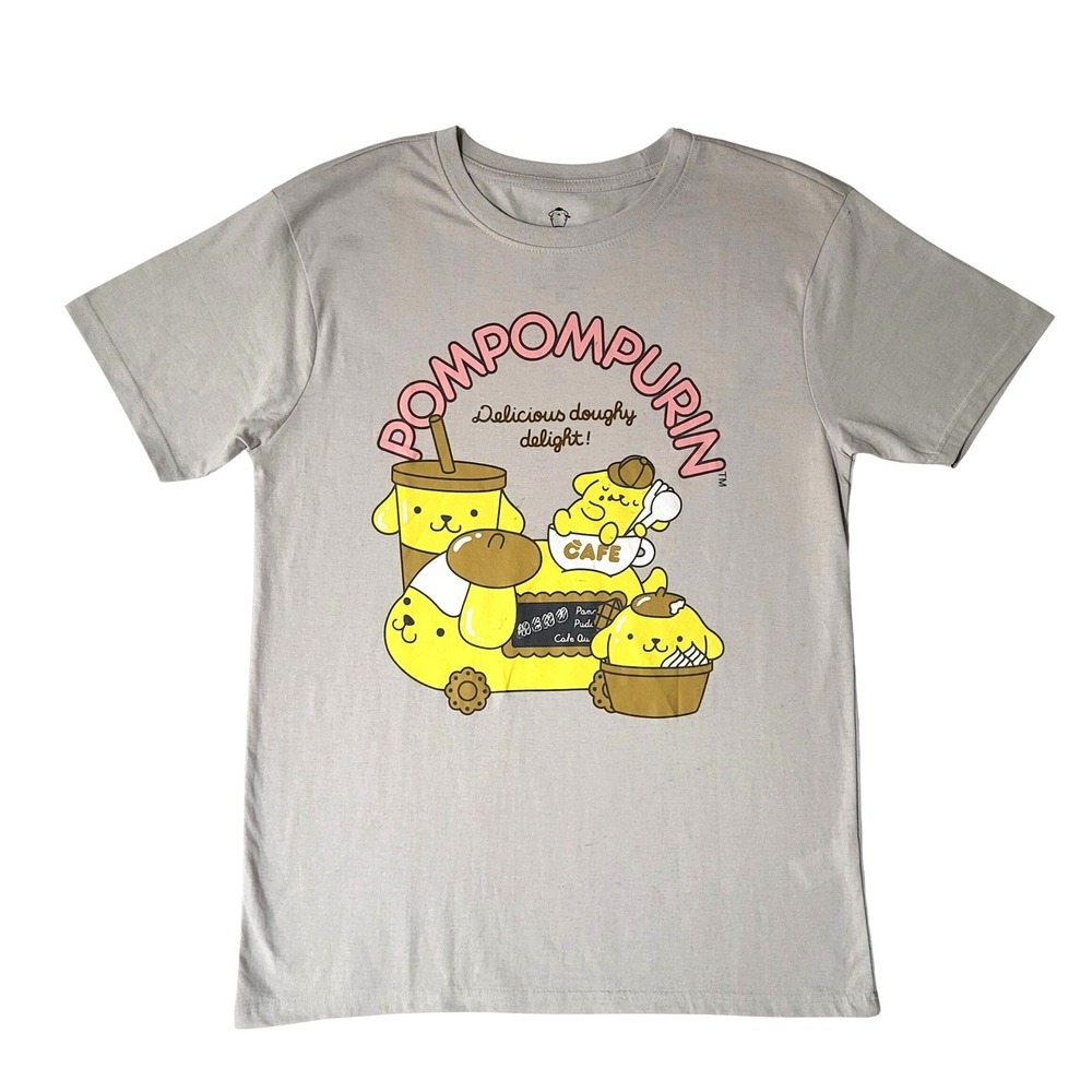 Pompompurin Sanrio Womens M Gray‎ Coffee Cafe Bakery Kawaii T Shirt Crew Neck